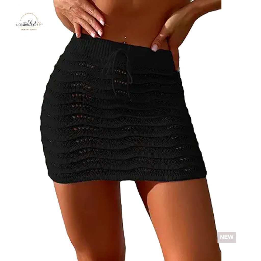 Small Beach Cover Up Skirt Hollow Out Crochet Tie Front Swimsuit Sarong